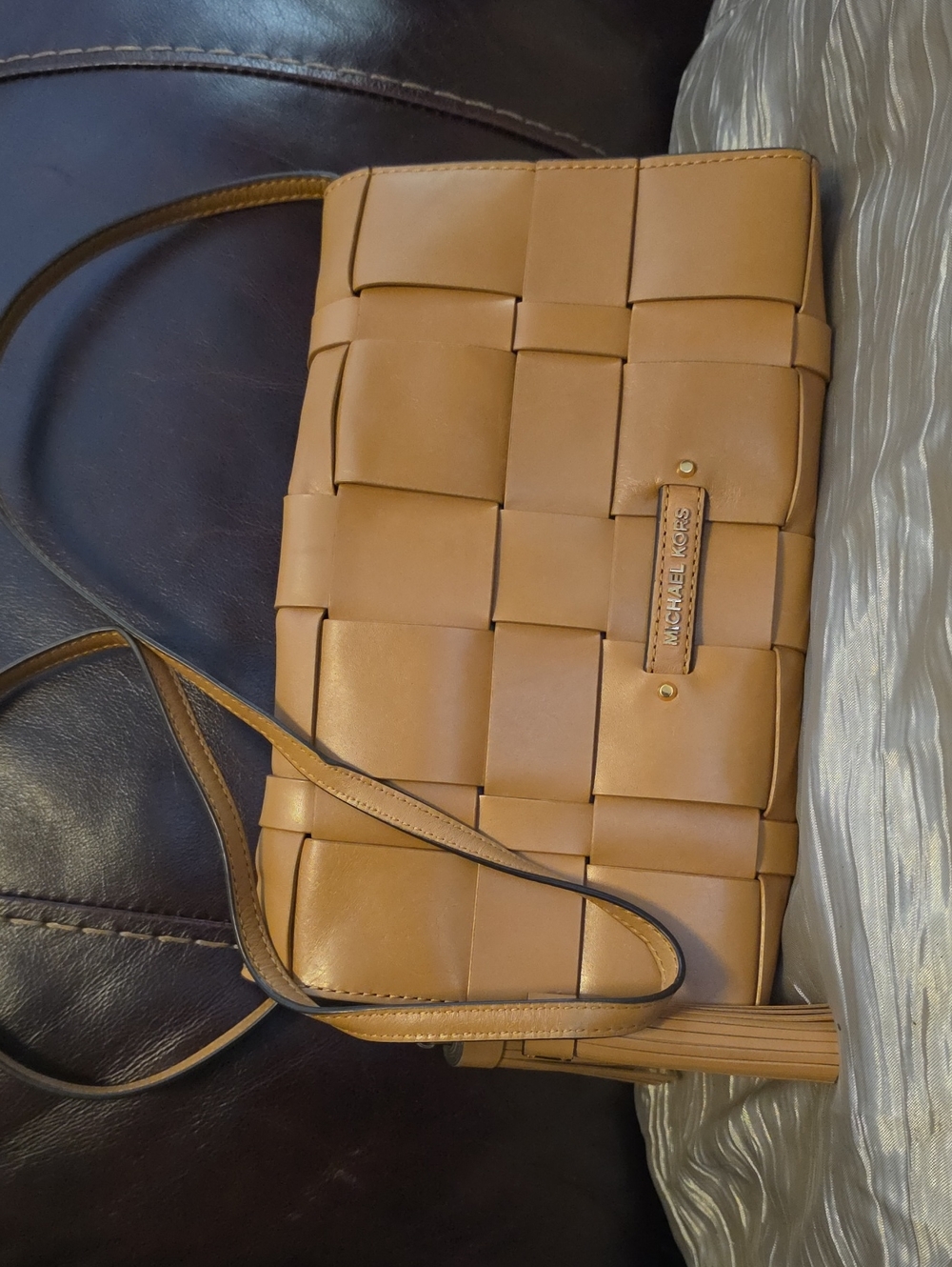 Michael Kors Tan Woven Leather Crossbody Bag